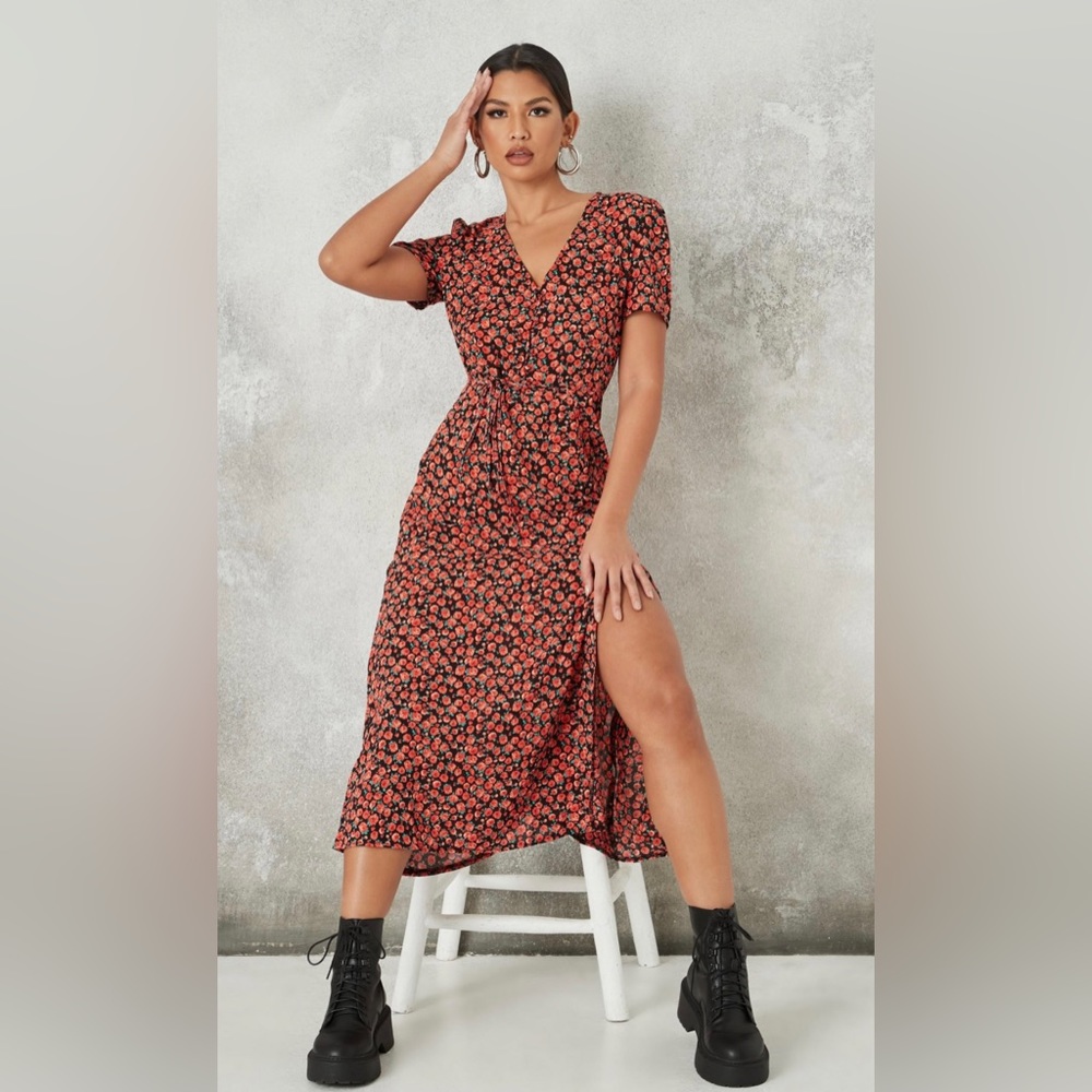 MissGuided Half Button Midi Tea Dress Short Sleeve Floral